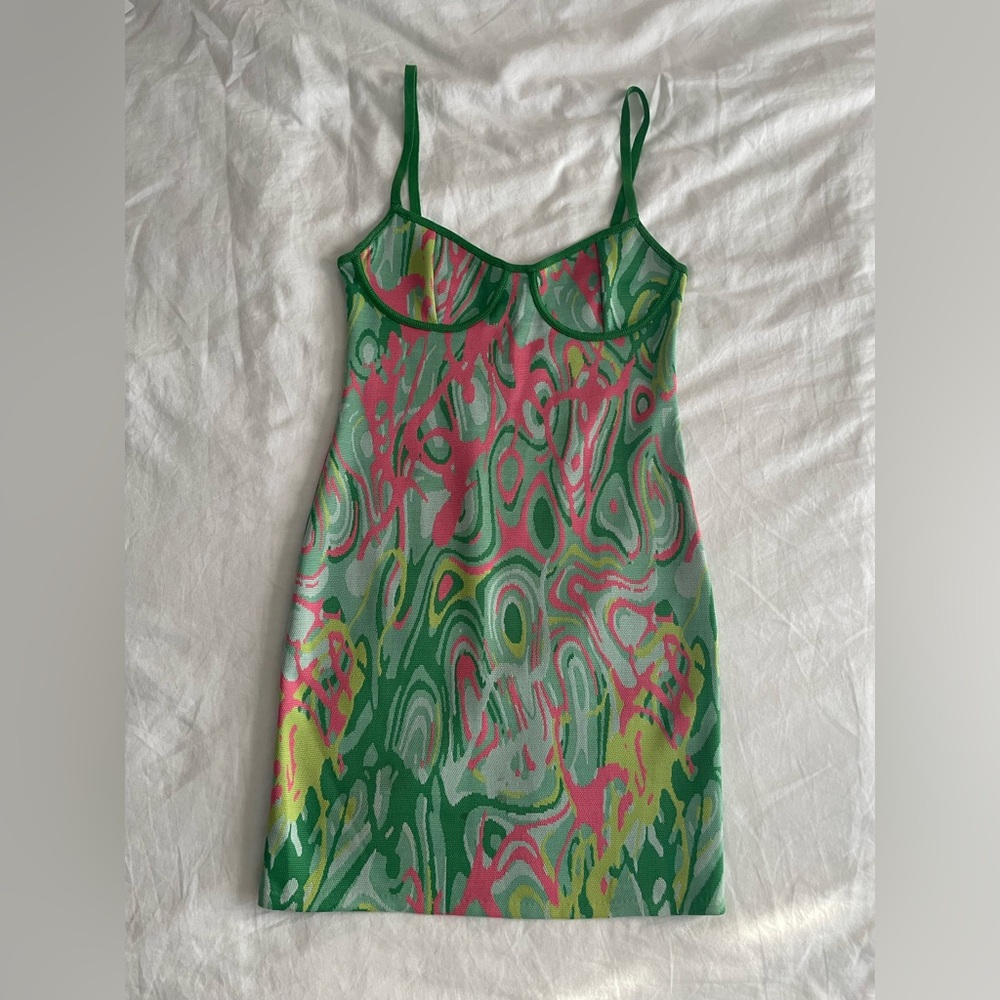 ZARA Green and Pink Abstract Patterned Tank Mini Dress - Picture 4 of 6
